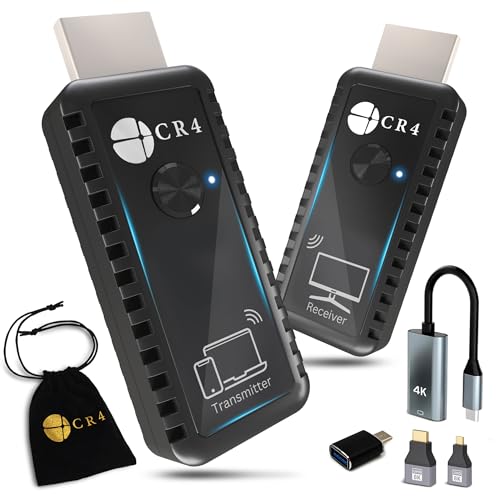 CR4 Wireless HDMI Transmitter and Receiver, Low-Latency 5G, Plug & Play, 4K In/1080P Out, Extender Kit to Stream Video/Audio from PC/Laptop/USB-C Phone (Like iPhone 15 or Newer) to Monitor/TV (Black)
