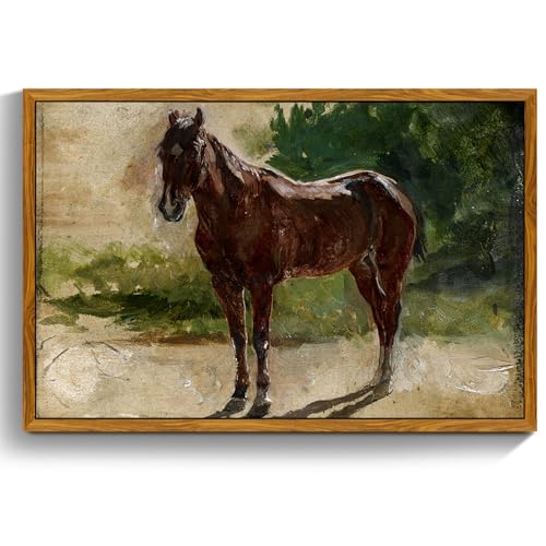 crmotu Framed Canvas Wall Art, Brown Horse Vintage Decor Painting, Classical Animal Art Prints Office Decorations, Still Life Aesthetic Wall Pictures for Living Room Bedroom Kitchen Gallery 16x24in