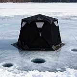 Eisfischerhütte mit Ofenrohrdurchführung und Boden, tragbares Pop-up-Eisfischerzelt für 6-10 Personen, vollisolierte Winter-Eisfischerhütte, Saunazelt mit 4-lagiger, winddichter und warmer Black