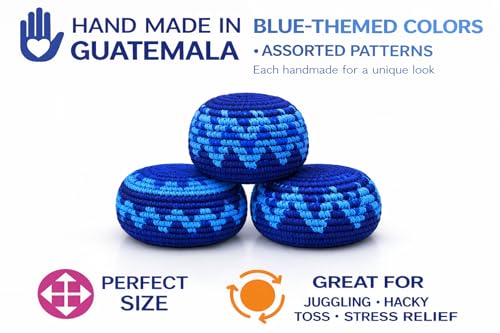 Funny Guy Mugs Footbag Balls 3 Pack Handmade Crocheted Kick Toss Balls from Guatemala Assorted Patterns Indigo