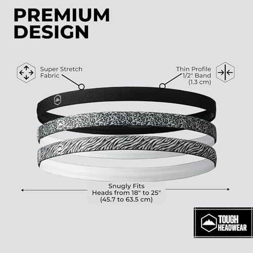 Image of Tough Headwear Thin Elastic Headbands - Sports Hair Head Band for Women & Men - Non Slip Mens Workout Headband - 6-Pack