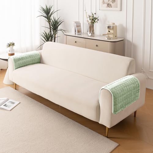Image of HOKIPO 'Plush Haven' Premium Anti Slip Armrest Cover, Pastel Green, Pack of 2 (AR-5151-L-GRN*2)