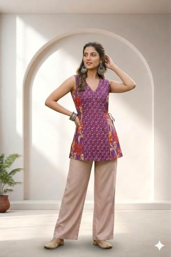 Image of Women's Red Floral Printed Sleeveless V-Neck Peplum Top, Casual Wear