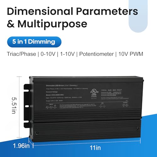 Image of 600W Dimmable LED Driver 24V, 110V-277V AC to 24V DC Led Light Transformer Compatible with lutron and leviton Dimmer, TRIAC /Phase /0-10V /1-10V /Potentiometer /10V PWM 5 in 1 Dimming LED Driver, UL Listed