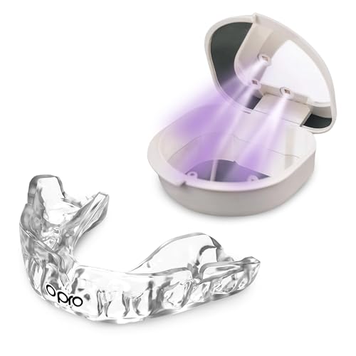 OPRO Instant Custom-Fit Mouth Guard (Adult, Clear) & UV Cleaning Case (White) – Dentist-Level Comfort, Protection, & Disinfection for Sports – Includes Case, Rechargeable, Compact & Lightweight