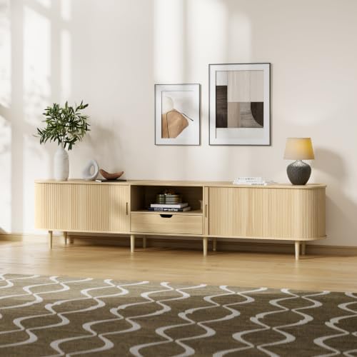 Image of DHH 95.2 inch Fluted TV Stand with Power Outlet for TVs up to 100 inch, TV Console with Adjustable Shelves and Sliding Door,Mid Century Modern Entertainment Center for Living Room,Bedroom (Natural Wood)