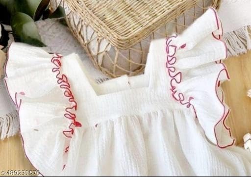Image of Cotton Blend Round Neck White Frock Dress for Baby Girls