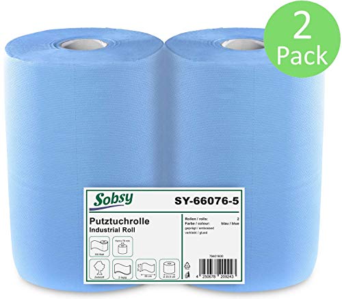 2 x blaue saugstarke Papierrolle, 1000 Blatt, 37x36 cm | 2-lagige perforierte Papiertücher | Putztuchrolle für Industrie, Werkstatt und Restaurant | Durchmesser 25 cm