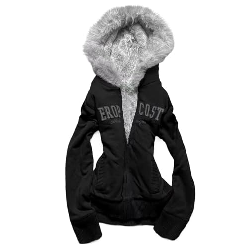 Y2k Zip up Hoodie Fur Jacket Emo Grunge Crop Winter Coats Teen 2000s Vintage Clothes Women Streetwear