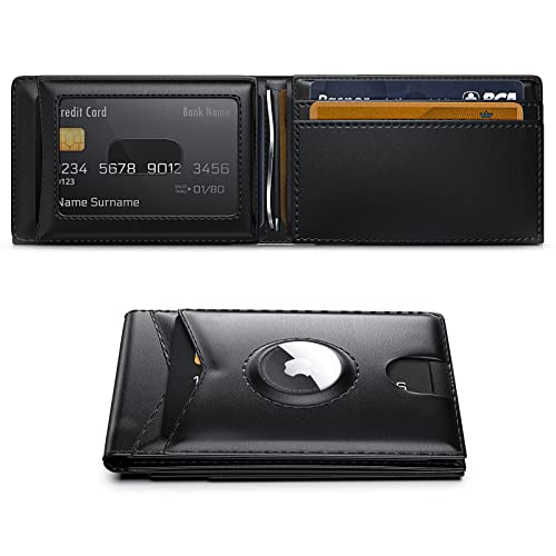 Slim Leather Wallet for Men Airtag Hidden,Large Bifold Mens Wallet RFID Blocking with ID Windows,Credit Card Holder for Men Wallet