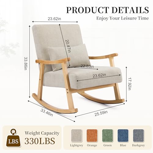 Image of SAETSFEG Rocking Chair for Nursery with Lumbar Pillow, Upholstered Accent Chair with Solid Rubberwood Frame, Living Room & Bedroom, Cozy Reading Chair for Small Spaces, Lightgrey