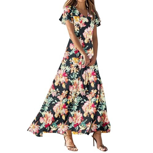FUPODD Elegante Kleider Damen Schicke Lange Sommerkleider Strand Tunika Kleid Mit Ärmel Sommerkleid Casual Musselin Kleider Elegant Leinenkleid Blumiges Strandkleid Luftig Cocktailkleid Flatterärmel