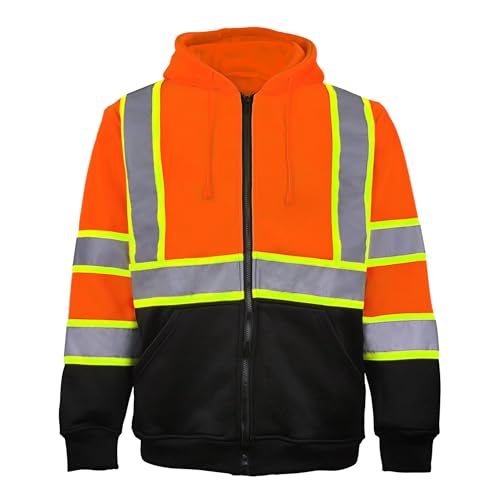 LOVPOSNTY Hi Vis Safety Hoodie for Men ANSI Class 3, Reflective Jacket Zip Hoodie with Black Bottom for Construction Work(Orange,XL)