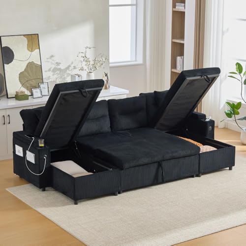 Lubvtti Sofá cama de 4 plazas con portavasos, puertos USB, almacenamiento integrado, sofá de 4 plazas moderno de pana, sofá esquinero en forma de U con chaise longue (negro + 4 plazas)