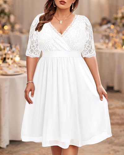 Image of Pinup Fashion Plus Size Lace Chiffon Wrap V Neck Dresses Women Cocktail Wedding Guest Midi Dress
