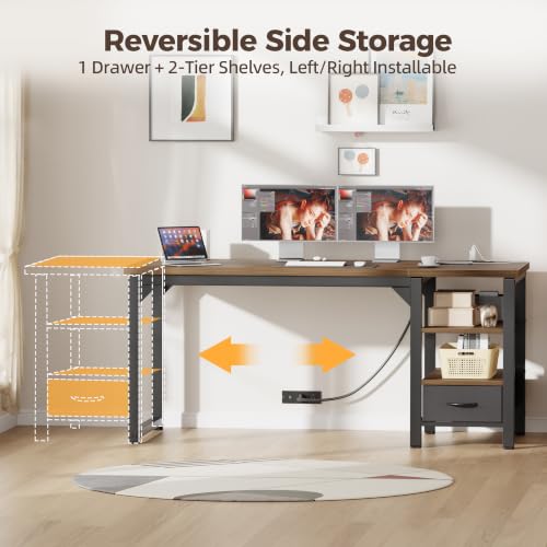 Image of Mericonia 63 inch Computer Desk with Drawer, 1.2 inch Thick Reversible Office Desk | Modern Writing Table with Power Outlets & Storage Shelves, Heavy Duty Industrial Executive Desk for Home Bedroom Study Work