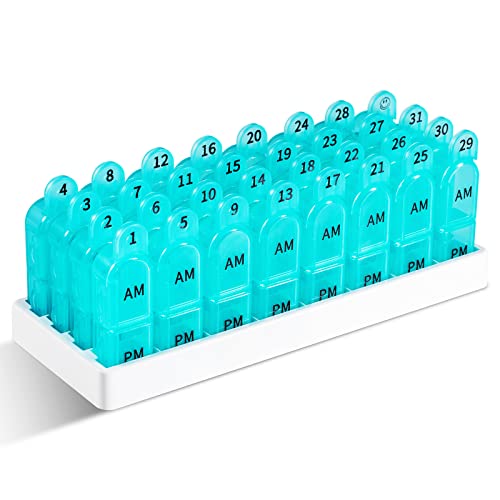 Daviky Monthly Pill Organizer 2 Times a Day, 30 Day Pill Organizer AM PM, 31 Day Pill Organizer 2 Times a Day, One Month Pill Box Medicine Organizer to Hold Vitamins, Supplements and Medication (Cyan)