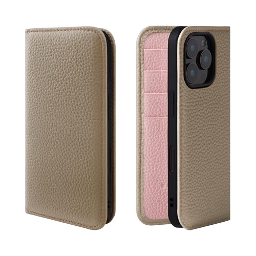 HANATORA iPhone16Pro ケース 手帳型 本革 スマホケース スマホ スタンド コードホルダー 付き シュリンクカーフレザー ギフト マグネットなし グレージュ + ピンク PH-16Pro-Grege-PK ギフト 誕生日ギフト 女性 彼