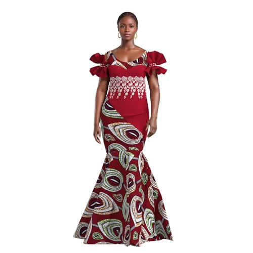 Image of iooiooi Womens Elegant Ankara Maxi Mermaid Dress Lace Decorated African Gowns