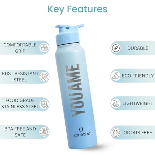 Image of Speedex Customised Stainless Steel Water Bottle 1 Ltr with Name - Personalised Engraved Sipper Cap Bottle for Kids, Men & Women, School, Gym, Office Dual Blue, Set of 1