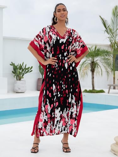 Image of KECVOT Kaftan Dresses for Women V-Neck Print Swimsuit Cover Up Plus Size Beach Caftan Lounge Dress