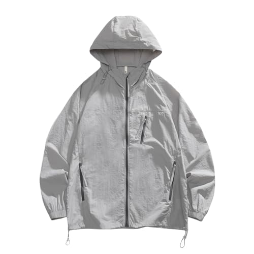 Chaqueta de protección solar UPF 50+ para hombre, ligera, transpirable, con capucha, abrigo de verano unisex, Gris, XS