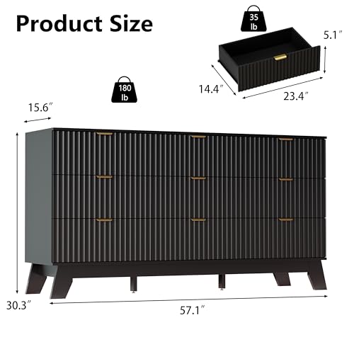 Image of Black Dresser 9 Drawer Dresser for Bedroom, 57''Wide Fluted Wooden Dresser Storage Cabinet and Chest of Drawers with Metal Handle, Storage Organizer for Living Room, Hallway, Entryway