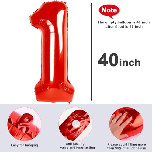 Image of 1 Balloon Numbers Birthday Decorations, 40In Red Balloons for Men Women | Eye-catching Appearance, Perfect Decorative Centerpieces, Convenient Self-sealing Structure, Widely for Various Occasions