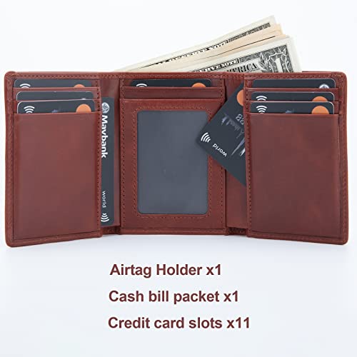 Trifold AirTag Wallet Men,Wallet with Air Tag Holder Genuine Leather RFID Blocking Wallet for Apple Airtag Brown (Apple Airtag Not included)2