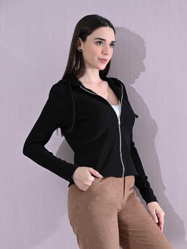 Image of Cotton Full Sleeve Hoddie Women Solid Black Hoodie Jacket