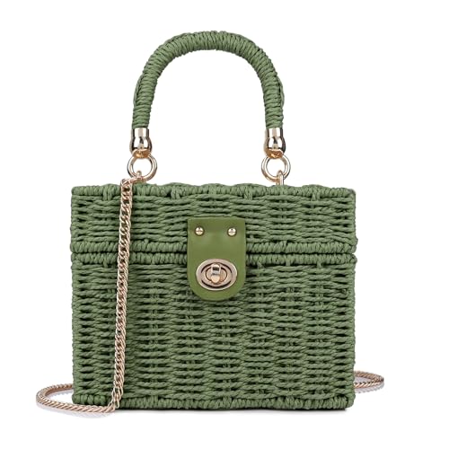 Handwoven Rattan Bag for Women Wicker Crossbody Shoulder Bag Straw Beach Tote Bag Top Handle Satchel Handbag with Chain Strap