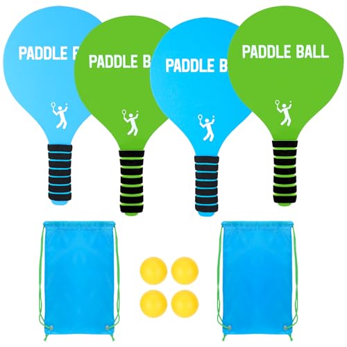 Beeplove 2 Paddle Ball Sets - Funny Paddleball Rackets Game, Outdoor Sports Toys for Kids Adults Family Games Yard Lawn Party Supplies(4 Paddles, 4 Balls, 2 Drawstring Bags)