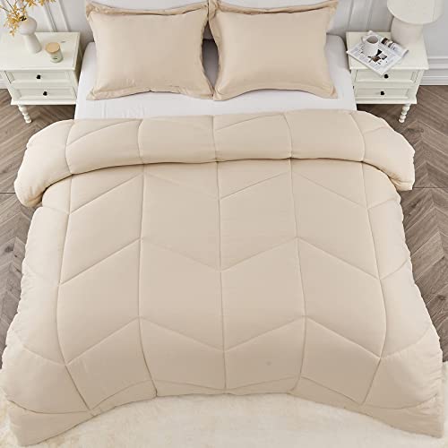 Mildly Queen Comforter Set - Khaki Bedding Comforter Sets 100% Washed Microfiber Super Soft 3 Pcs, All Season Fluffy Lightweight Down Alternative Quilted Comforter 88X88 Inches, 2 Pillow Shams #TOP11