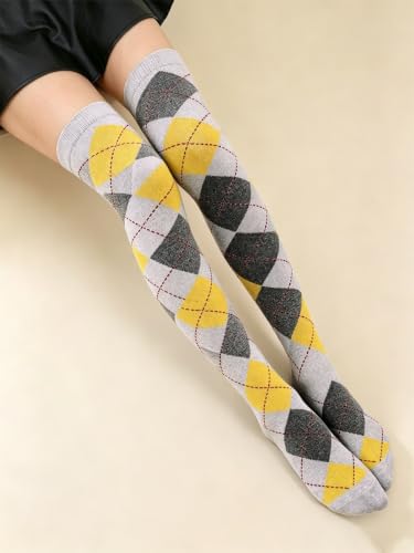 Image of YELAIVP Women Knee High Socks Check Pattern Over the knee Socks Casual Fashion Tight high sock for School Cosplay Daily Wear