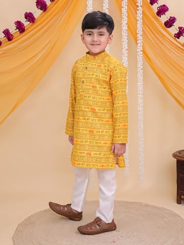 Image of AJ DEZINES Boys Cotton Full Sleeve Letter Printed Kurta Pajama Set for Kids - Ethnic wear | Special Occasion & Traditional Outfit |Boys Kurta Set - Regular Fit