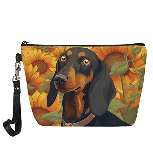 Kuiaobaty Dachshund Dog Sunflowers Cosmetic Bag for Women Toiletry Bag with Wrist Strap, Cute Puppy Floral Make up Organizer Pouch