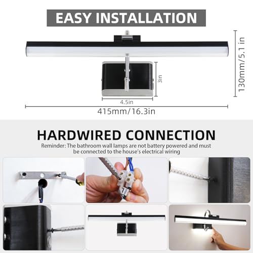 Image of Modern Black Bathroom Light Fixtures 16.3 inch Led Vanity Lights, 8W, Rotatable Bar Bathroom Lighting fixtures Over Mirror,4000K Daylight Dimming Wall Light Fixtures for Indoor
