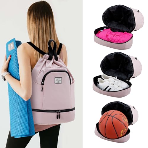 Image of Kamo Drawstring Backpack Bag - Sport Swimming Yoga Backpack with Shoe Compartment, Two Water Bottle Holder for Men Women Large String Backpack Athletic Sackpack for Travel