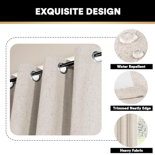 Image of PrinceDeco 100% Black Out Curtains 64 inch Long 2 Panels for Bedroom Anti-Rust Grommet Thermal Insulated Flax Textured Full Blackout Window Draperies with White Liners,Set of 2,W42 X L64,Natural