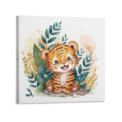 Poster tigre plantes vertes toile déco murale chambre tableau carré 50x50 cm style cadre