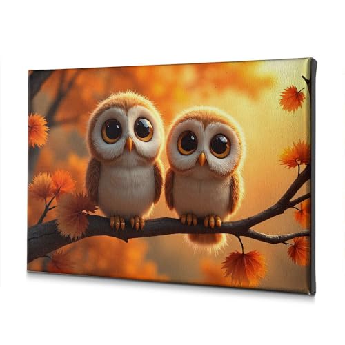 Toile de deux chouettes mignonnes sur branche pour une décoration murale poétique