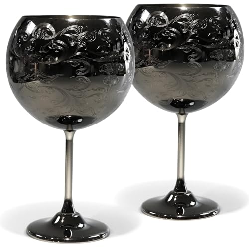 SHINY STAR IN THE DARK SKY Etched Balloon Wine Glasses Set Of 2,24oz(680 ml) Wine Goblets Set, Gin and Tonic Glasses Set (black plated)