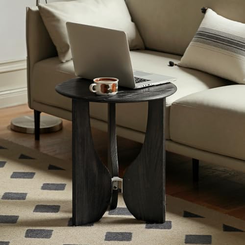 YESWOOD Massivholz Beistelltisch, Couchtisch aus Eiche, runder Beistelltisch mit skulpturalem Design und schwarzer Offenlackierung, für Wohnzimmer und Balkon, Sofatisch modern, 50×50×55 cm, Schwarz