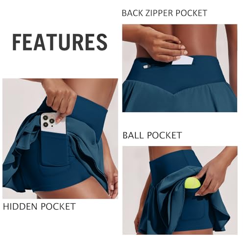 PINSPARK Womens Pleated Tennis Skirt Double Ruffle Golf Skort Tummy Control Athletic Skirts with 3 Pockets Workout Pickleball3