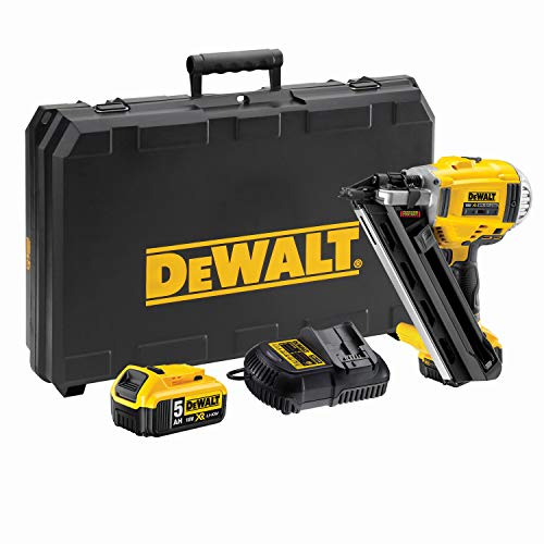 DeWalt Zwei-Stufen-Akku-Nagler (18V, 5Ah, bürstenlos, kompakt und kabellos, für 90mm-Nägel,, inkl. Zubehör, 2x Akkus, System-Schnellladegerät und Transportkoffer), DCN692P2, Silber