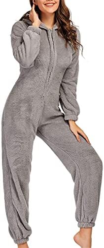 Womens Pyjamas, Warm Fleece Hooded Pyjamas Onesies Zip Front Hoodie Footie Pajamas Plush Jumpsuit Nightwear