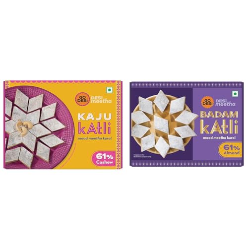 Image of GO DESi Premium Kaju Katli 200 grams, 61% Cashews and Badam Katli 200 grams, 61% Almonds, Rakhi Gift for Sister and Brother, Indian Sweets Gift Pack, DESi Meetha, Sweets Indian Mithai