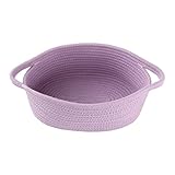 Cute Oval Cotton Rope Wicker Storage Basket with Handle - Empty Baby Nursery Box Bin Organizer for Kids, Cats, Dogs & Easter - Light Purple Lavender