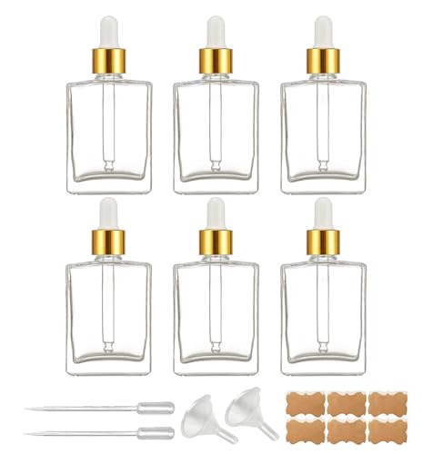 6 Pack 1.7oz Clear Square Glass Dropper Bottles, 50ml Empty Square Perfumes Bottles with Eye Droppers, for Essential Oils,Liquids, Tincture Bottle (Clear -Golden Cap)