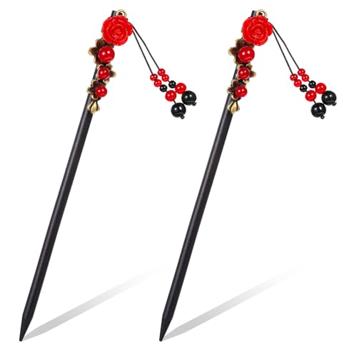 2 Pcs Chinese Wooden Hair Sticks, Chinese Hair Pins for Women Retro Handmade Wooden Hairpins Flower Tassel Hair Chopsticks Japanese Hair Accessories Classic Hair Pins for Long Hair